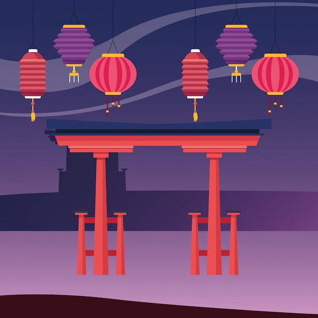 Vettore lanterne cinesi e cancello rosso