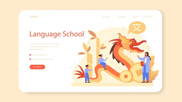 Chinese learning web template or landing page. language school chinese course. study foreign languages with native speaker. idea of global communication.