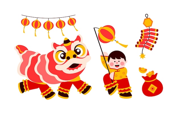 Chinese lion dance Chinese new year flat design element Cartoon vector illustration dragon year