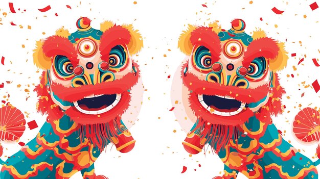 Vector chinese lions dancing celebration show white background