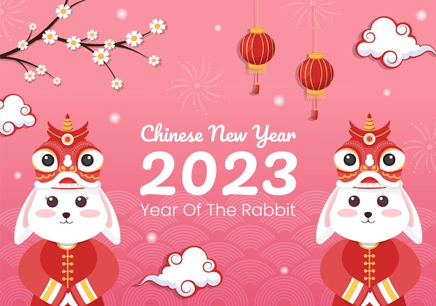 Chinese Lunar New Year 2023 Dag van het Konijn Zodiac Sign Hand Drawn Cartoon Flat Illustration