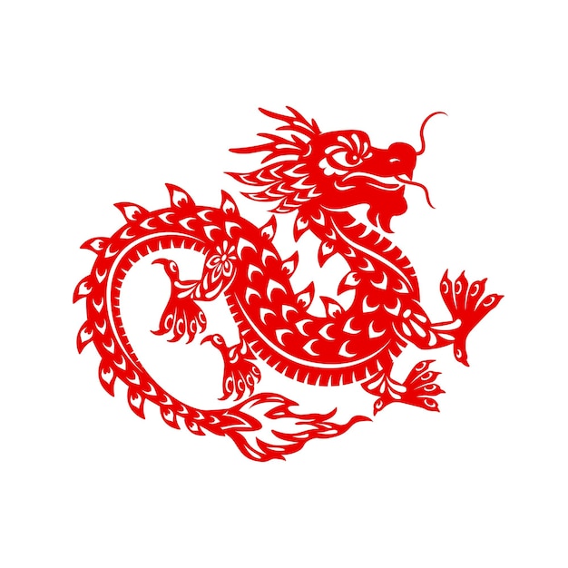 Vector chinese lunar new year festival dragon vector design dancing dragon of animal zodiac horoscope symbol isolated red paper cut monster or oriental mythology with flower ornaments and fire flames