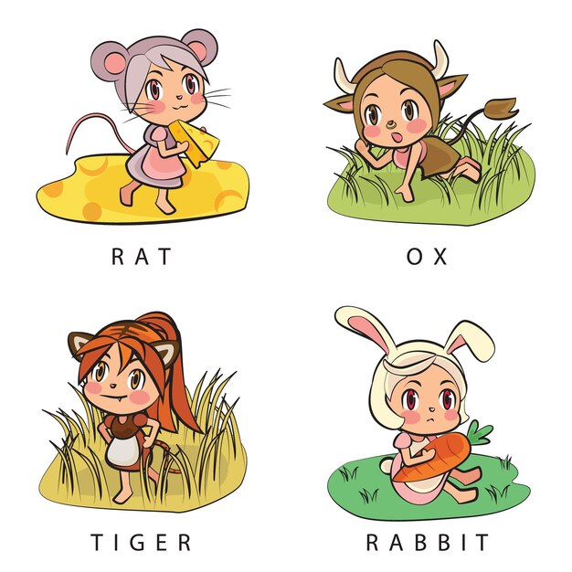 Chinese Lunar New Year sterrenbeeld Rat Ox Tiger Rabbit cartoon afbeelding instellen