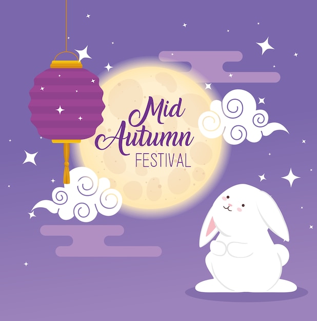 Chinese mid autumn festival with rabbit and lantern hanging