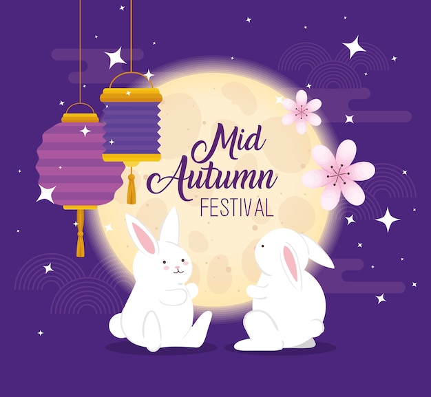 Chinese mid autumn festival with rabbits, flowers and lanterns hanging