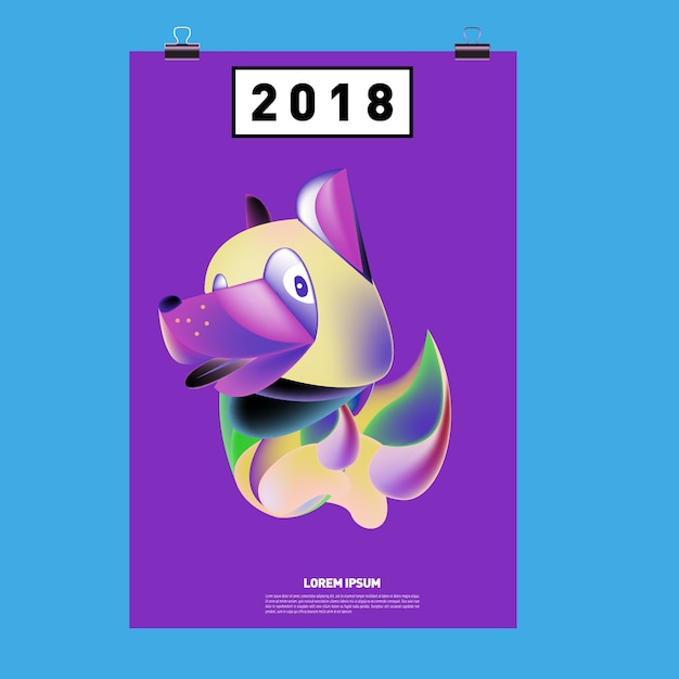 Anno cinese nuovo anno 2018 scheda vettoriale festivo design con cane carino, simbolo zodiacale del 2018 anno