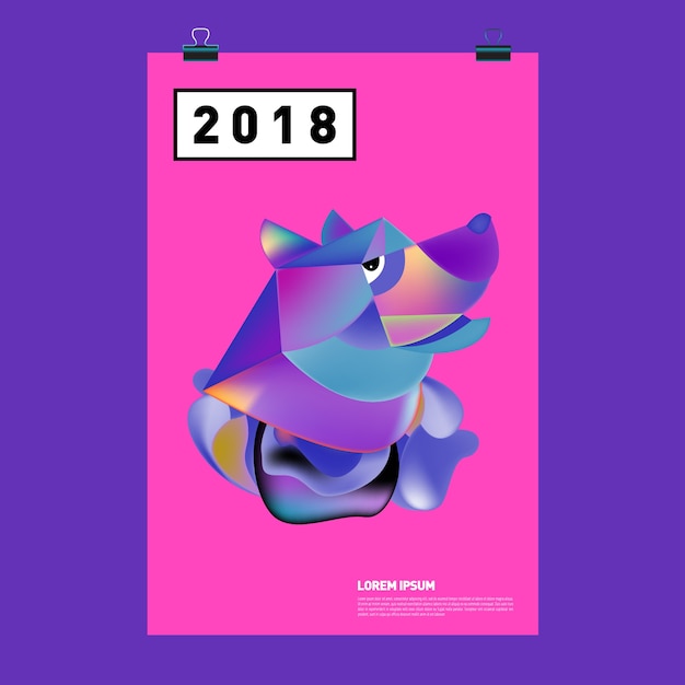 Chinese new year 2018 festive vector card design with cute dog, zodiac symbol of 2018 year