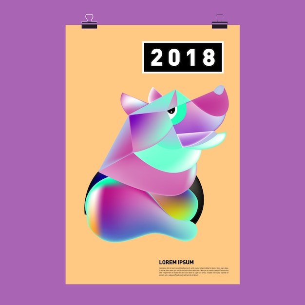 Anno cinese nuovo anno 2018 scheda vettoriale festivo design con cane carino, simbolo zodiacale del 2018 anno