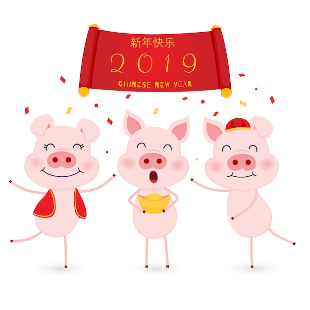 귀여운 돼지의 구정 2019 년.
