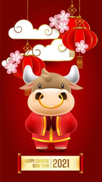 Chinese new year 2021 greeting card, the year of the ox,