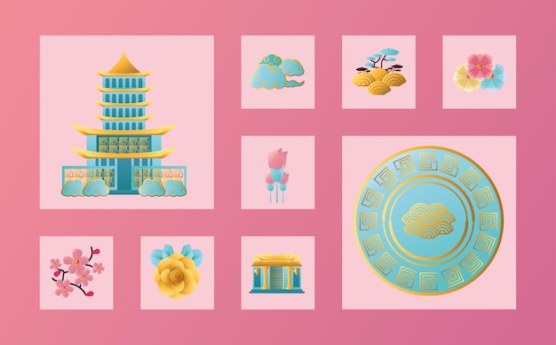 Il nuovo anno cinese 2021 icona bundle design, cina cultura e celebrazione tema illustrazione vettoriale