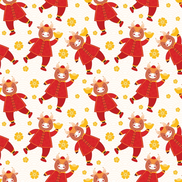 Chinese new year 2021 ox. Seamless pattern bull in traditional red clothes with gold coins and bars;
