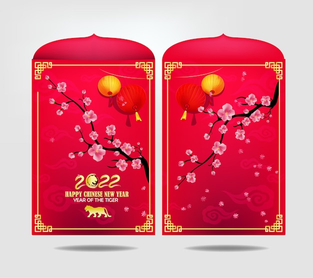 中国の旧正月2022年の虎の赤と金の花とアジアの要素の紙をクラフトでカット