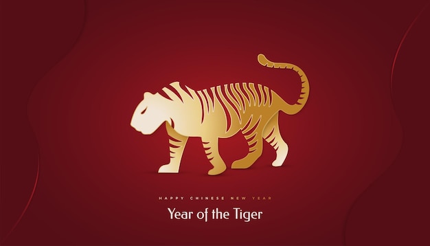 Chinese New Year 2022 Year of The Tiger. Chinese New Year Banner with Golden Tiger Illustration Isolated on Red Background. 2022 Chinese Zodiac Sign Tiger