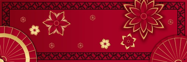 Chinese new year 2022 year of the tiger red and gold flower and asian elements paper cut with craft style on background. universal chinese background banner. vector illustration