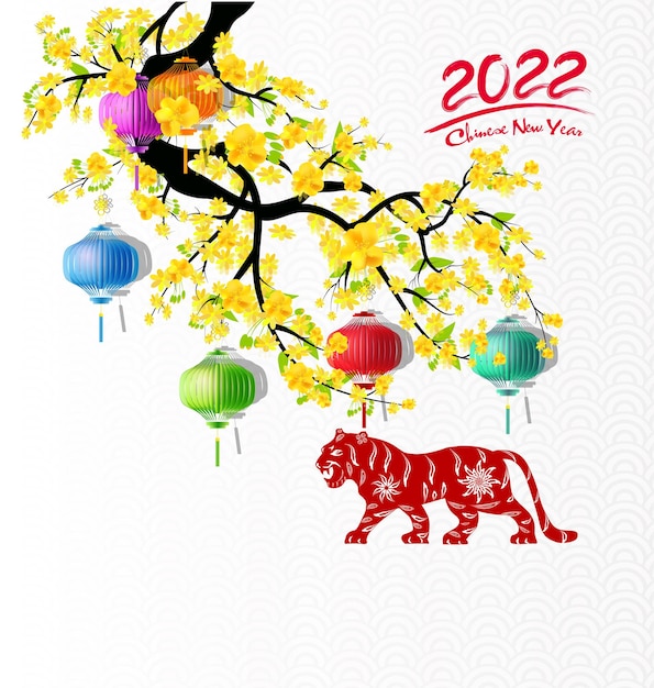 Chinese new year 2022 year of the tiger red and gold flower and asian elements paper cut with craft