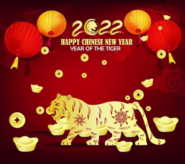 Chinese new year 2022 year of the tiger red and gold flower and asian elements paper cut with craft