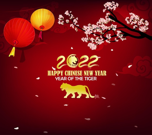 Chinese new year 2022 year of the tiger red and gold flower and asian elements paper cut with craft