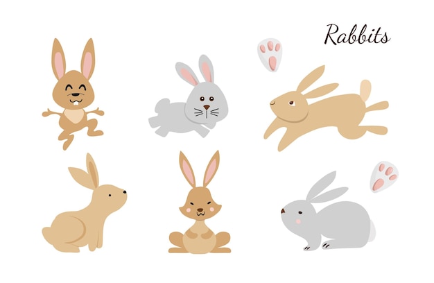 Chinese New Year 2023 of the rabbit Set of cute bunnies in different poses in cartoon on white background Hares fits for designing kids clothes greeting cards banner poster Vector illustration