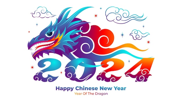 Chinese New Year 2024 Blue dragon with the number 2024 formed from the clouds