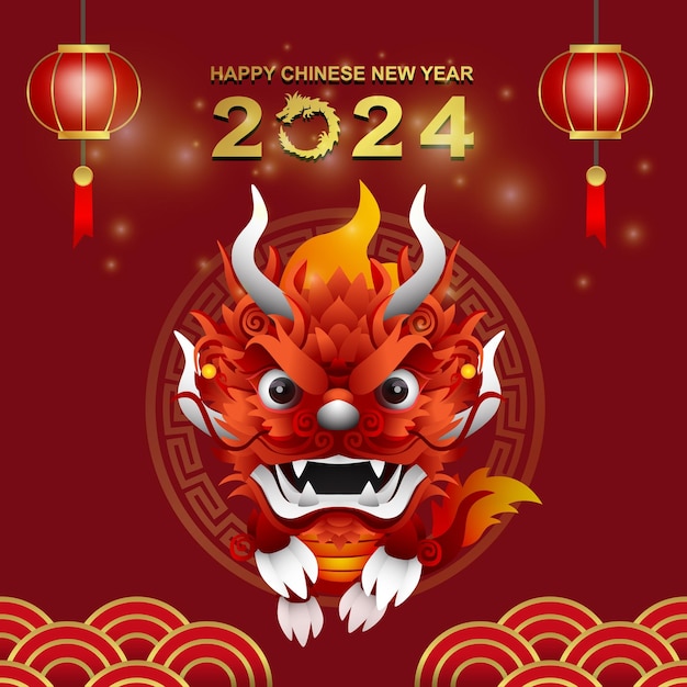 chinese new year 2024 with illustration of cool lunar heads and elements