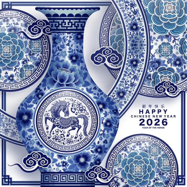 中国の新年2026年 - 馬の年 - 青と白の陶器の花瓶