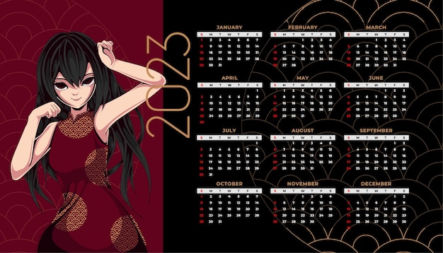 Premium Vector  Chinese new year anime calendar 2023
