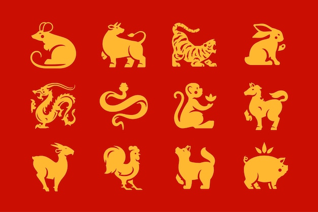 Китайский Новый год Азиатские праздничные животные символы монохромный набор иконок векторная плоская иллюстрация
