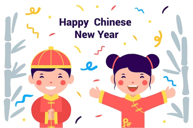 Китайский новый год азиатский ребенок мальчик и девочка в традиционном костюме векторные иллюстрации концепции