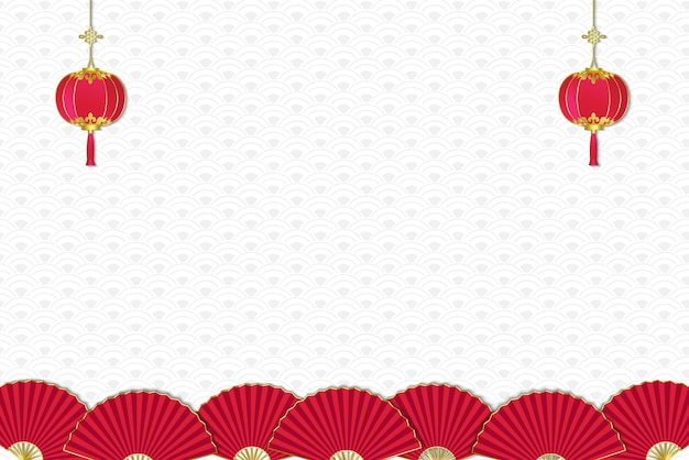 Chinese new year background decorated with red hanging lanterns and fans at border on gray wave chinese pattern