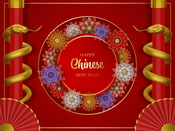 Vector chinese new year background with flowers golden snakes and decorations snake year poster