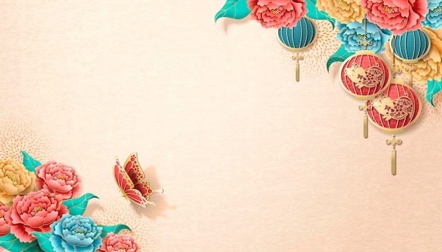 Chinese new year banner template with peony flowers and hanging lanterns