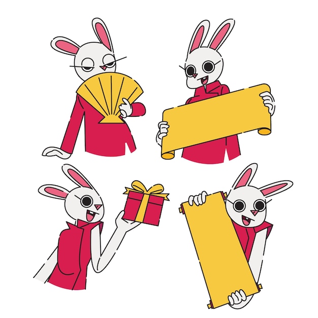 Coniglietto di capodanno cinese che tiene banner e fa regali in design piatto