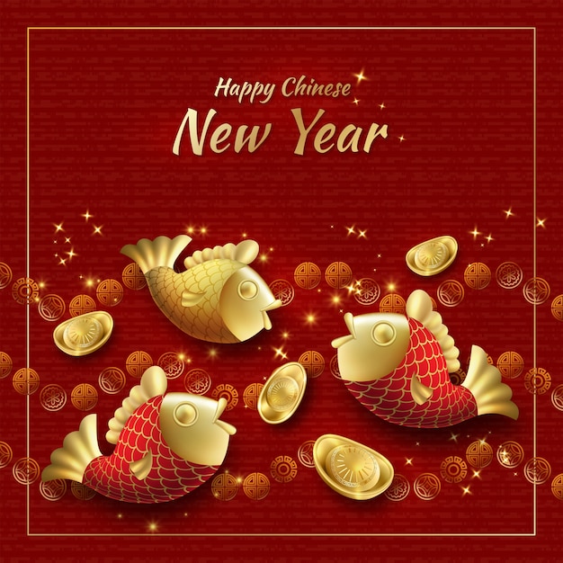 Chinese new year card with golden ingots and decorative fish