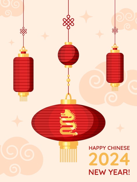 Chinese New Year celebration card with hanging red paper lanterns dragon symbol and text greeting