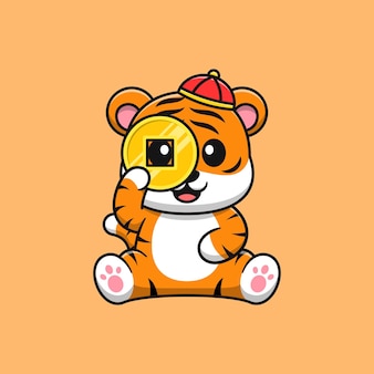 La celebrazione del capodanno cinese della tigre carina è seduta con in mano una moneta nei suoi occhi fumetto icona vettore illustrazione. stile cartone animato piatto.