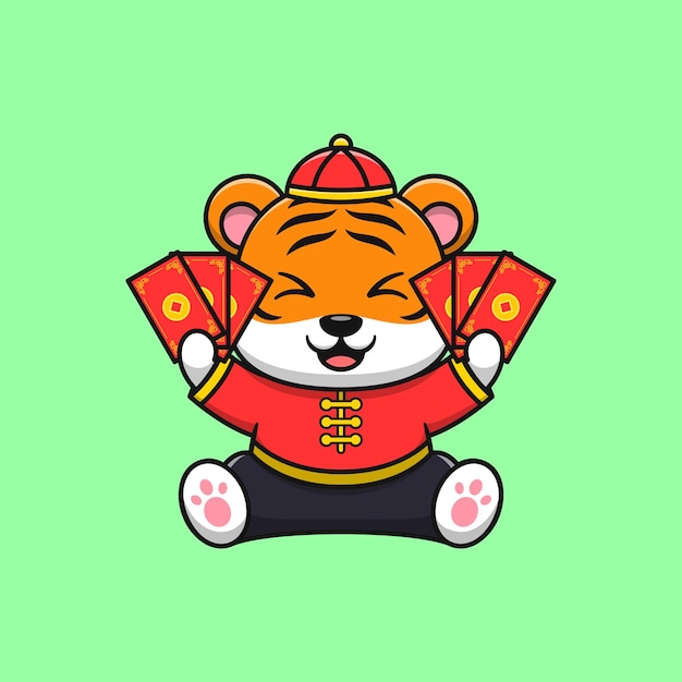 Chinese new year celebration of cute tiger sitting holding angpao cartoon vector icon illustration. Flat cartoon style.