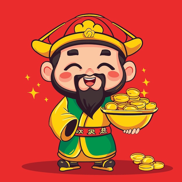 Вектор Китайское празднование нового года бог богатства сбрасывает деньги с воздуха