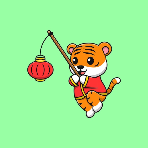 랜턴 만화 벡터 아이콘 삽화를 들고 있는 귀여운 호랑이의 중국 새해 축하. 플랫 만화 스타일입니다.