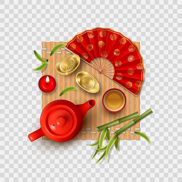Вектор Китайская новогодняя композиция с чашкой чайника и веером