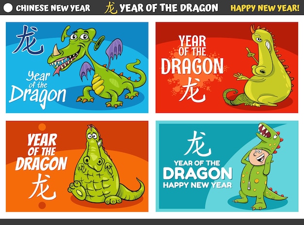 Chinese New Year designs set with cartoon dragon characters