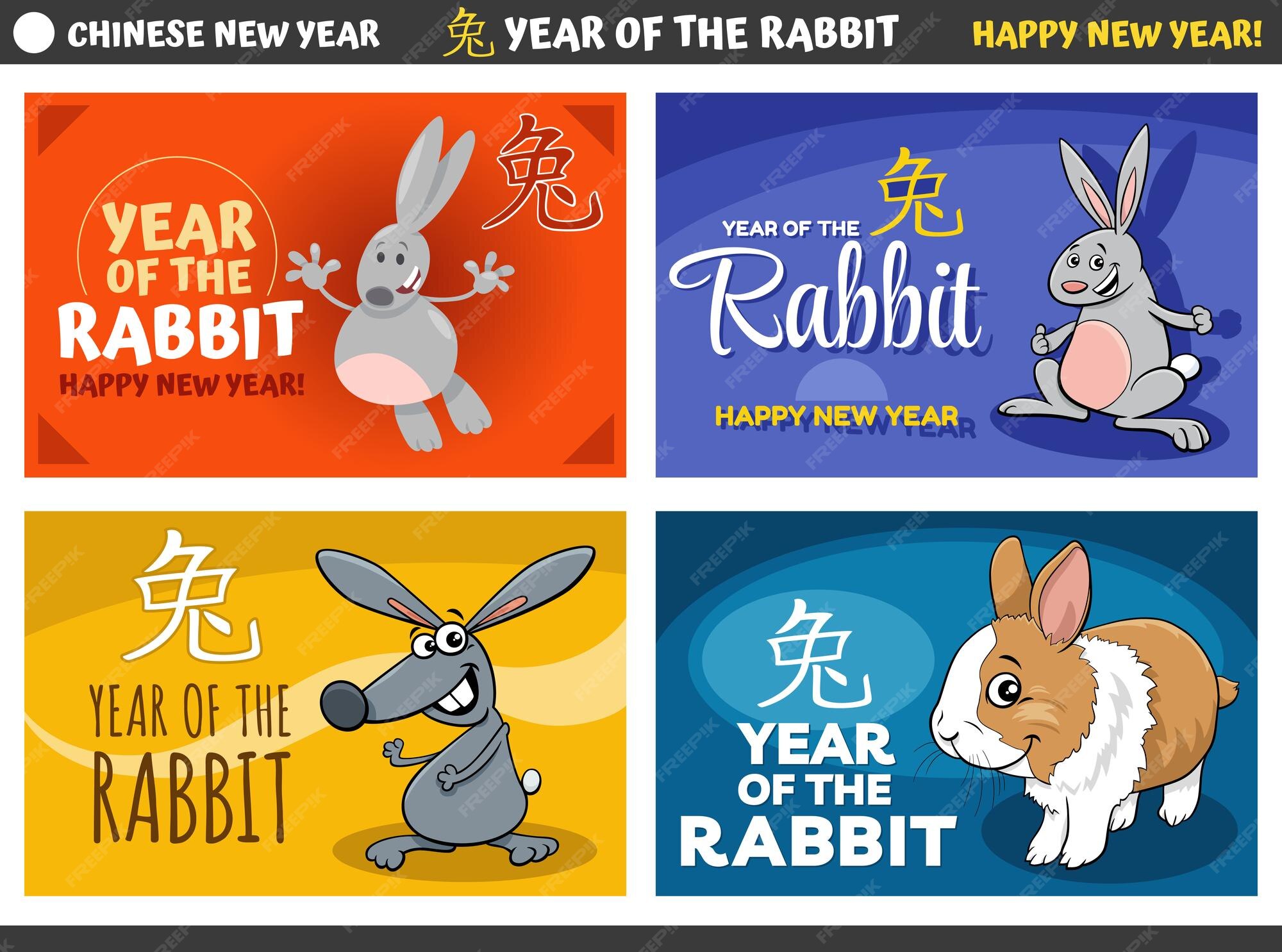 Premium Vector | Chinese new year designs set with happy rabbits