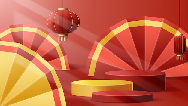 Il capodanno cinese mostra lo sfondo della decorazione del podio con l'ornamento cinese vector 3d illustration