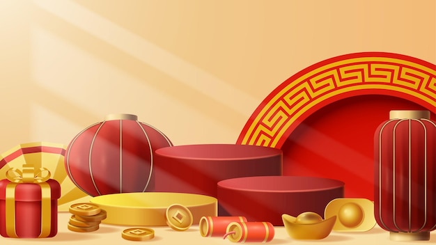 Chinese New Year display podium decoration background with chinese ornament Vector 3D Illustration