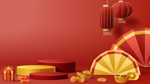 Chinese New Year display podium decoration background with chinese ornament Vector 3D Illustration