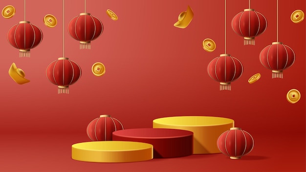 Chinese New Year display podium decoration background with chinese ornament Vector 3D Illustration