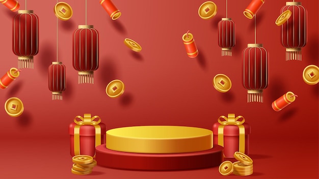 Chinese new year display podium decoration background with chinese ornament vector 3d illustration