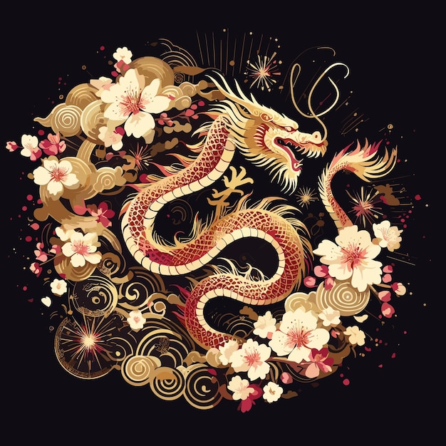 chinese new year dragon illustration Gold dragon and flowers