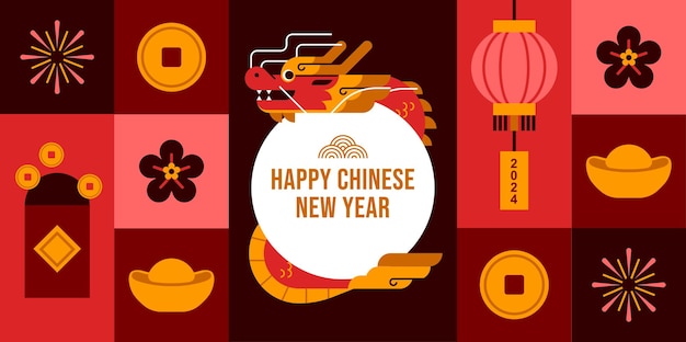 Chinese new year Dragon year design element Banner template Modern cartoon vector illustration