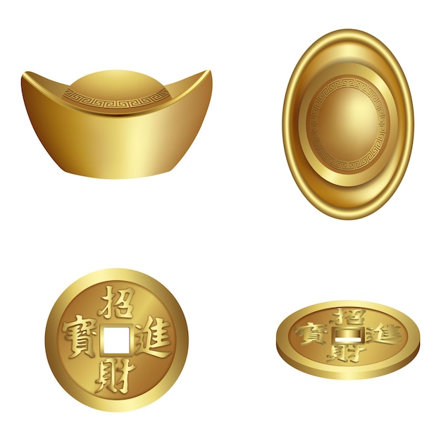 Chinese new year elements. isolated gold ingots and coins. front and side view